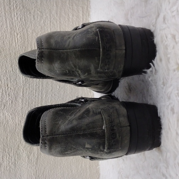 Sorel Lolla ll Quarry Gray Leather Strap Stud Chunky Heel Pull On Ankle Boot - Picture 6 of 16